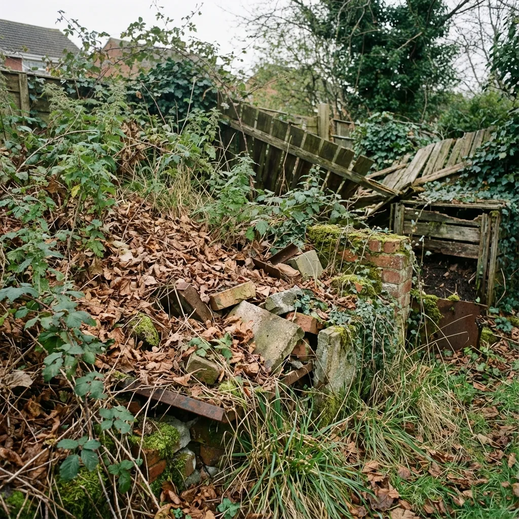 Rincón de jardín con escombros y malas hierbas